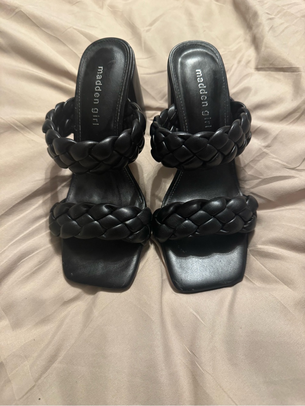 Madden Girl Black Braided Double-Band Square-Toe Slide Heels